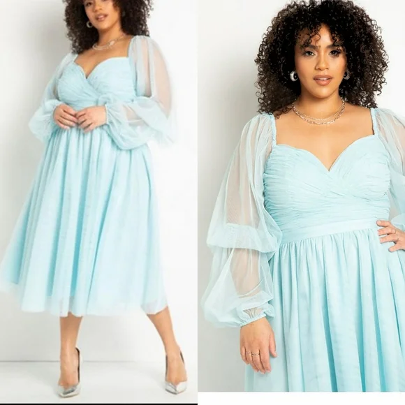 Eloquii Plus Size Puff Sleeve Tulle Romance Midi Dress Stratosphere Baby Blue 16 - Picture 2 of 12